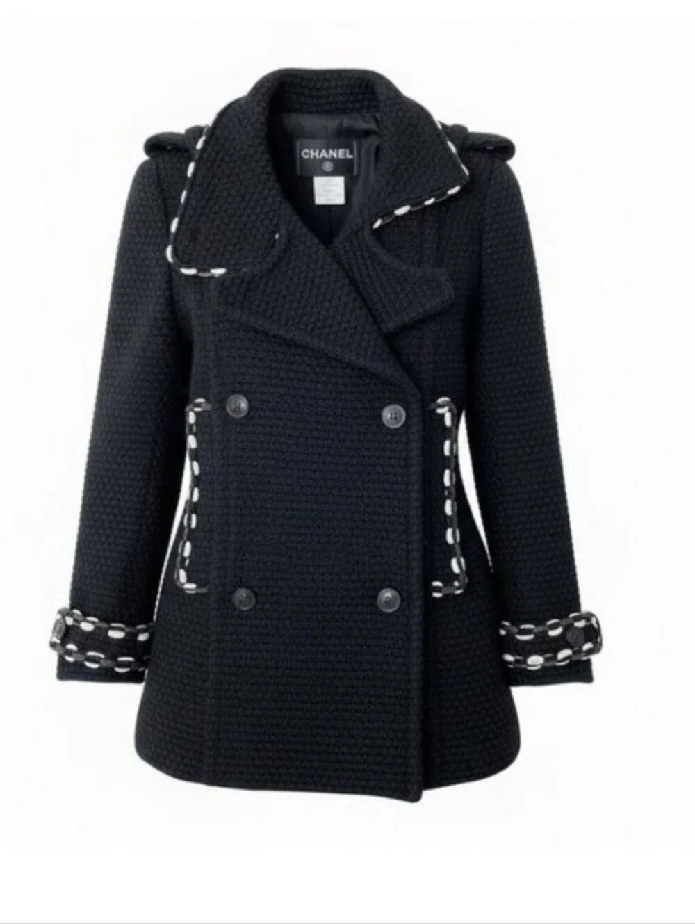 Chanel $6,900 Vintage Wool Tweed Knit Peacoat Size 36 (US 4) Black White Trim